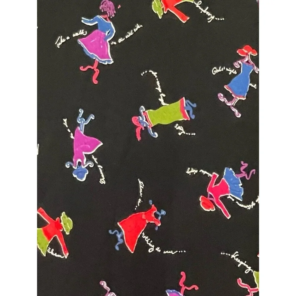 Carol Anderson Petite Vintage 90s Midi Skirt P Black Novelty Print Rayon USA Y2K